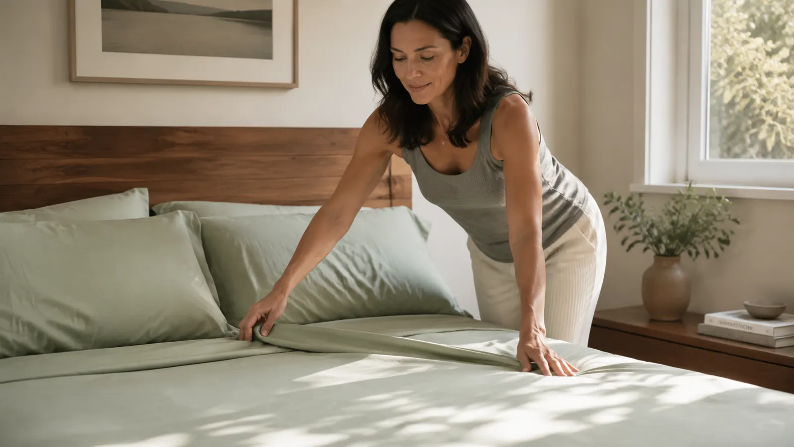 Neatly made bed with bamboo sheets in a bright, minimal bedroom