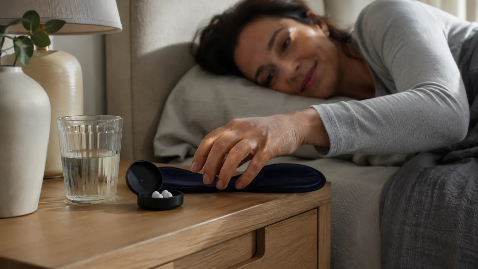 Nightstand scene with an earplug carrying case, small water glass, and folded eye mask in soft morning light