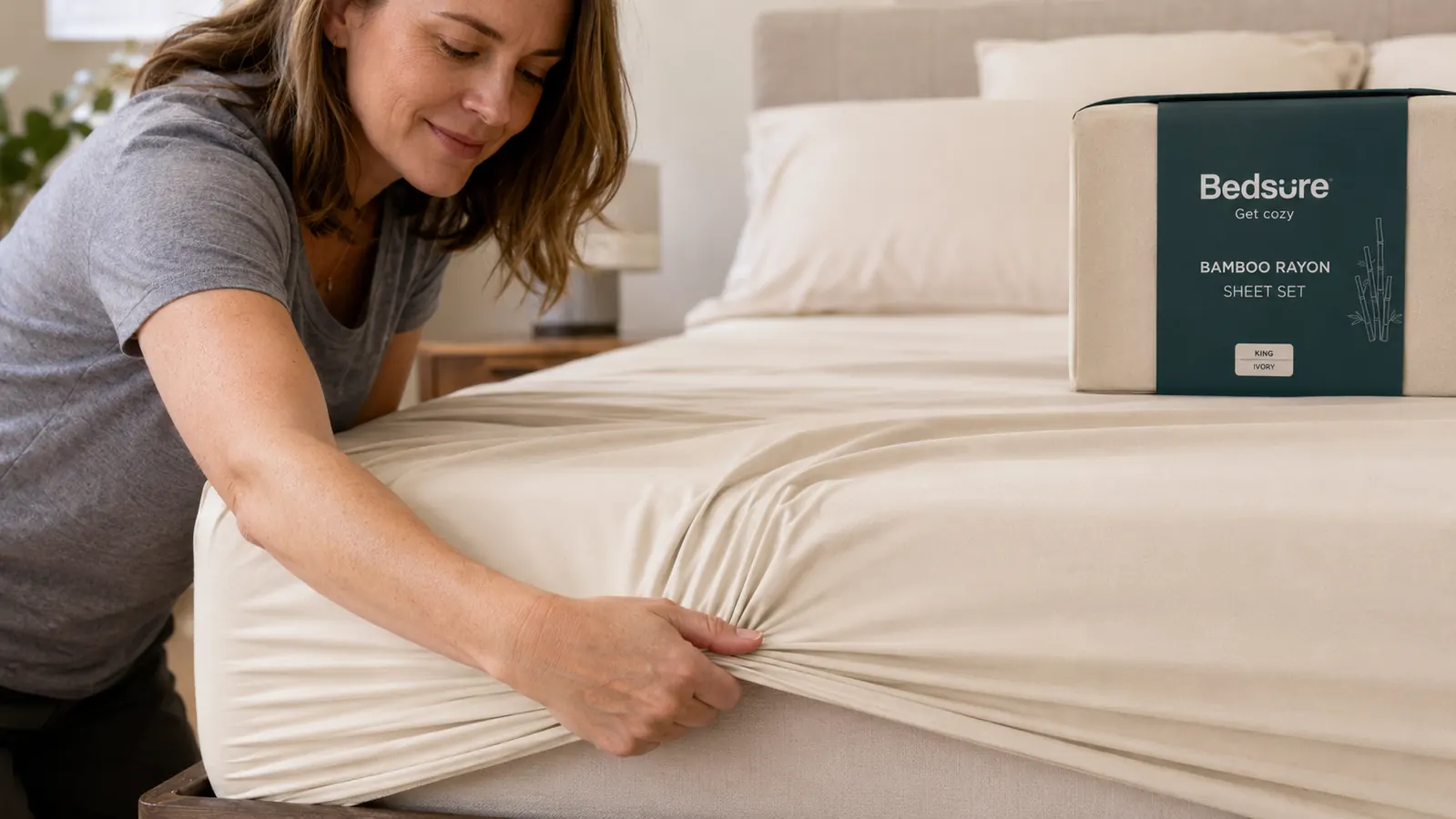 Hand smoothing the fitted bamboo sheet corner over a mattress, showing the deep pocket stretched over the edge