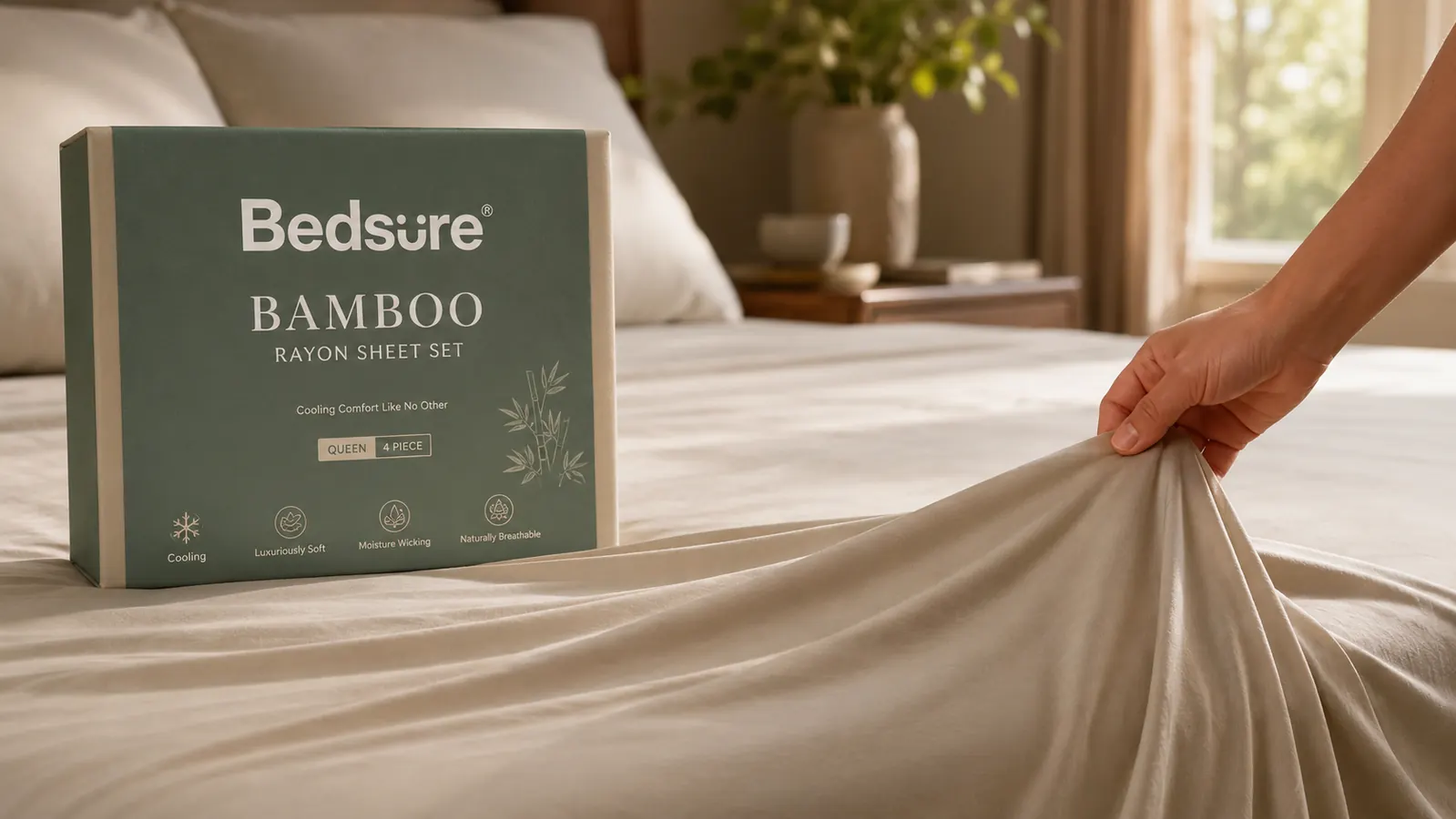 Hand pulling back the corner of a cool-toned bamboo sheet on a made bed, morning light