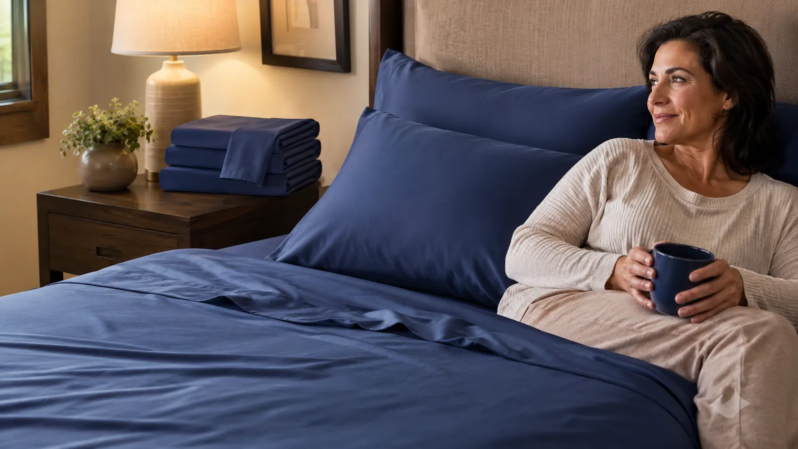 Neatly made bed with bamboo sheets and folded pillowcase set on a nightstand nearby