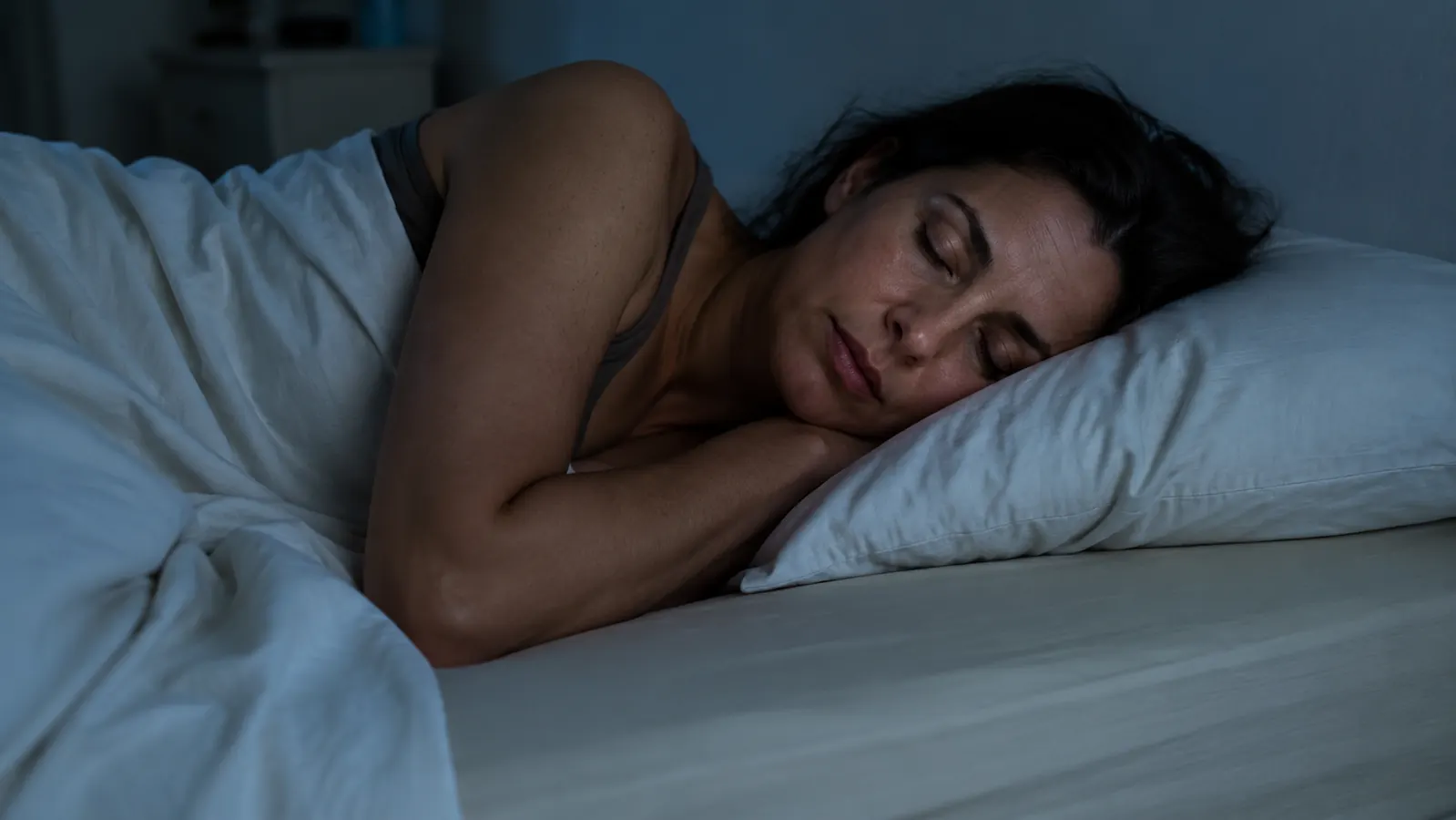 Person sleeping peacefully on a bamboo sheet set in a cool, dim bedroom