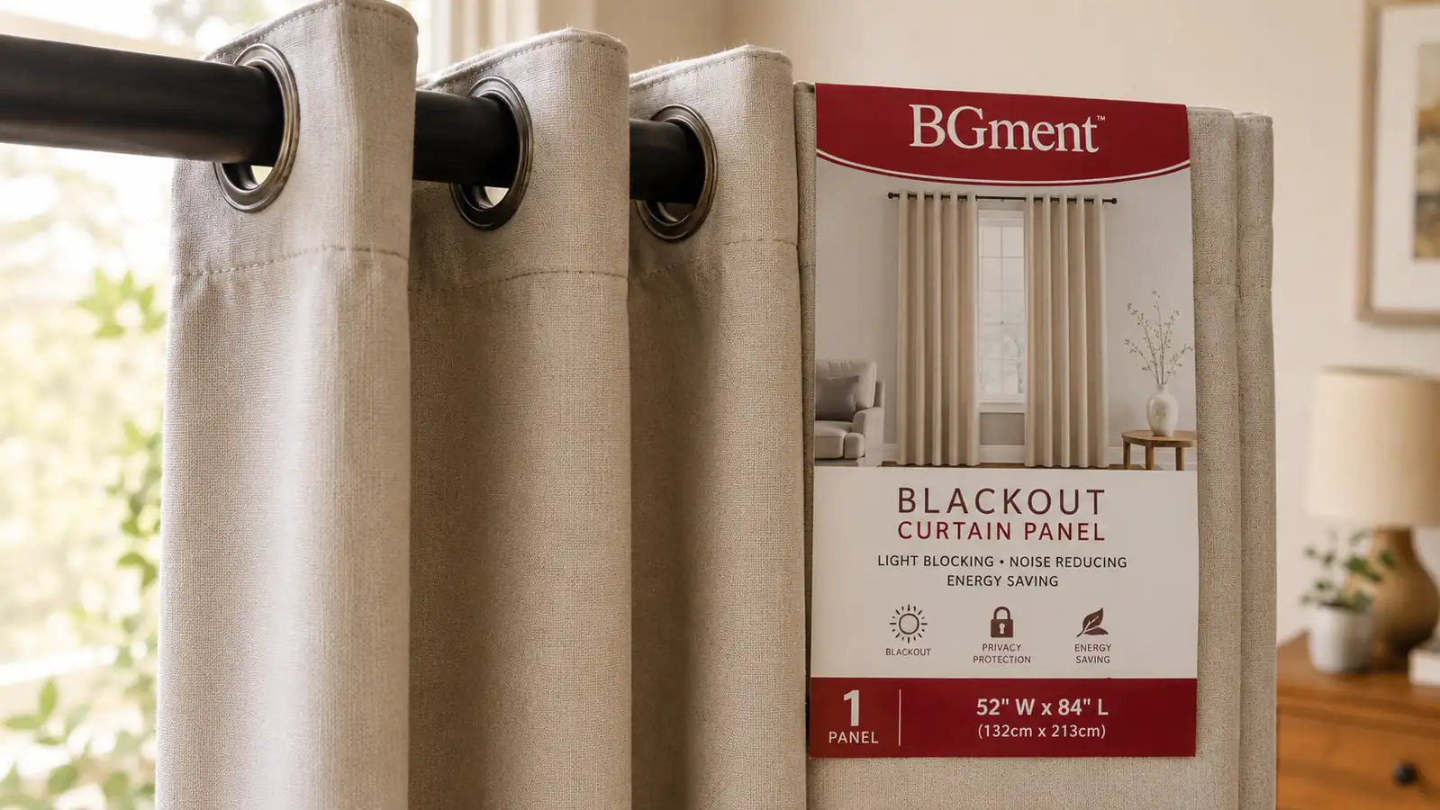 Close-up comparing a metal grommet ring option against a fabric hook-and-loop tab option on two curtain panel headers