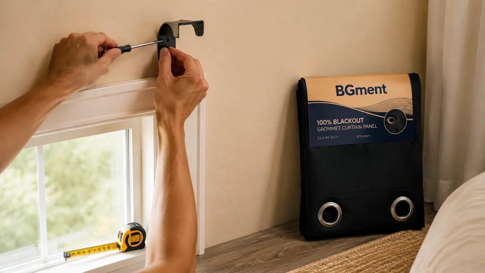 Hands mounting a curtain rod bracket above a window frame, showing the wide overlap needed to block side light