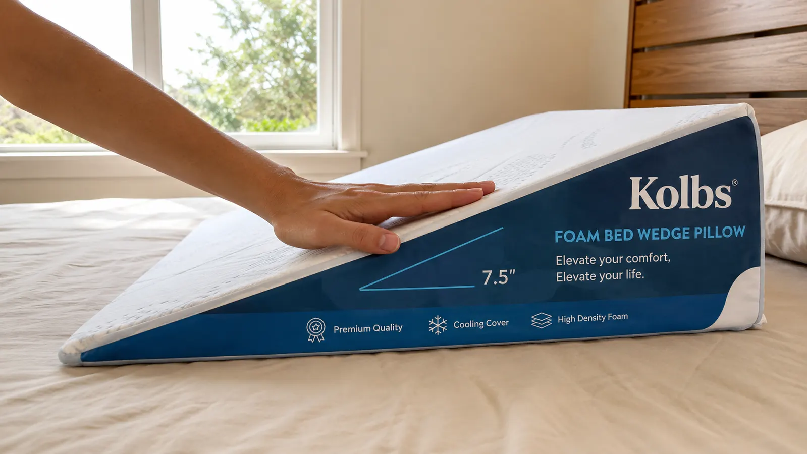 Hand measuring the incline angle of a foam bed wedge pillow against a bed frame