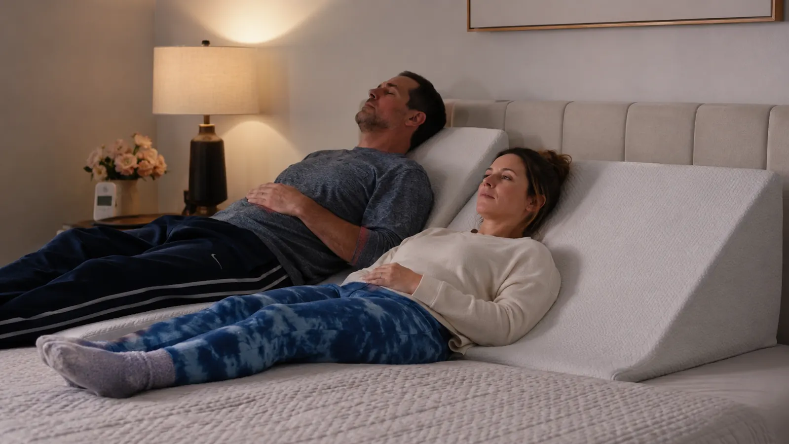 Two people of different heights lying against the same wedge pillow, one comfortably propped, one with feet nearly hanging off