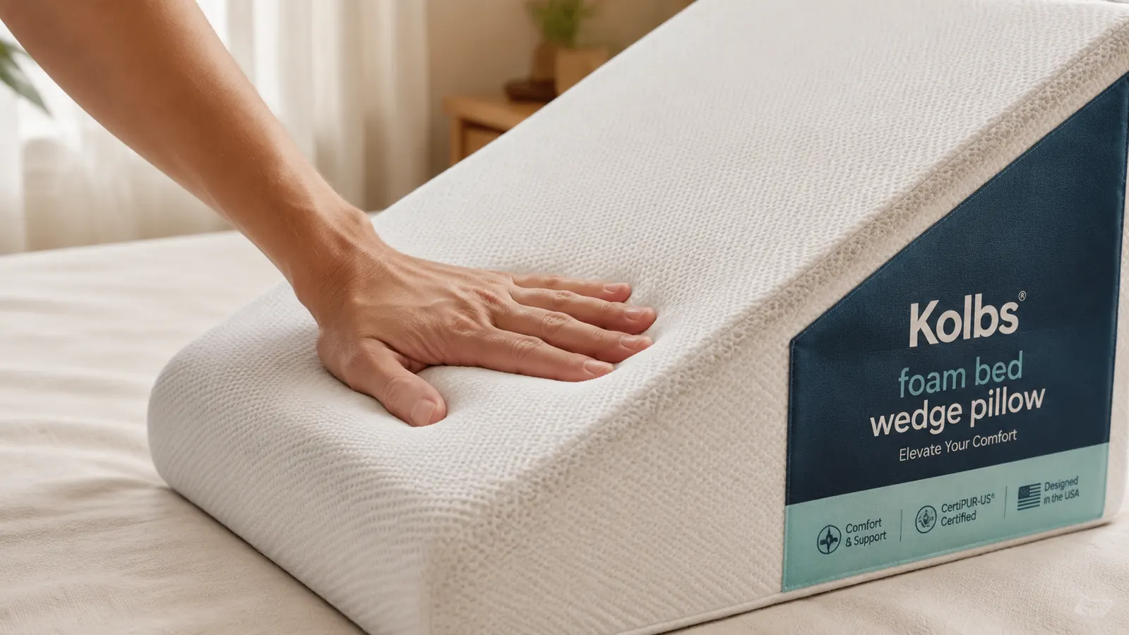 Hand pressing into the foam of a bed wedge pillow to show firmness and the fabric cover texture