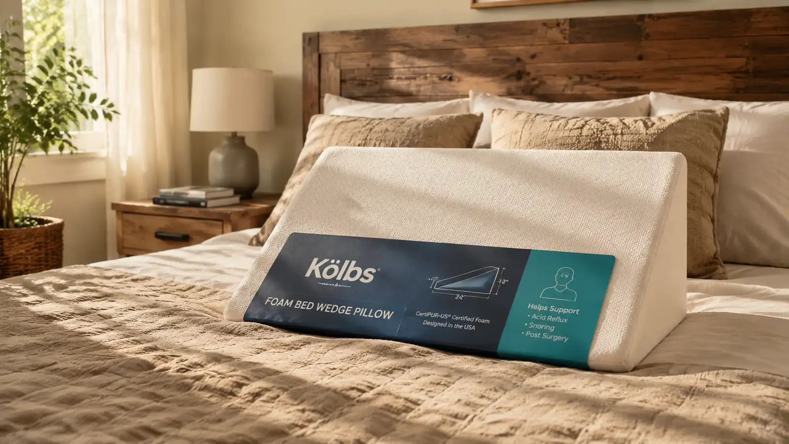 Kolbs bed wedge pillow propped against a headboard with a fitted pillowcase on it, morning light through the blinds