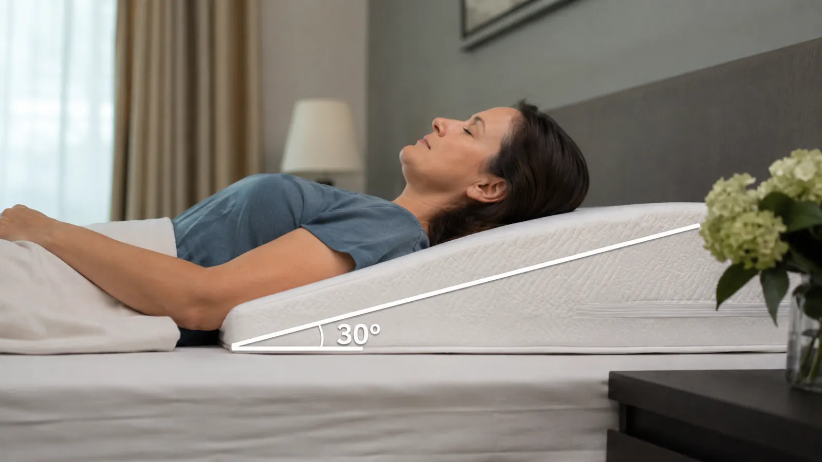 Side view illustration showing the incline angle of a wedge pillow supporting the upper body while sleeping