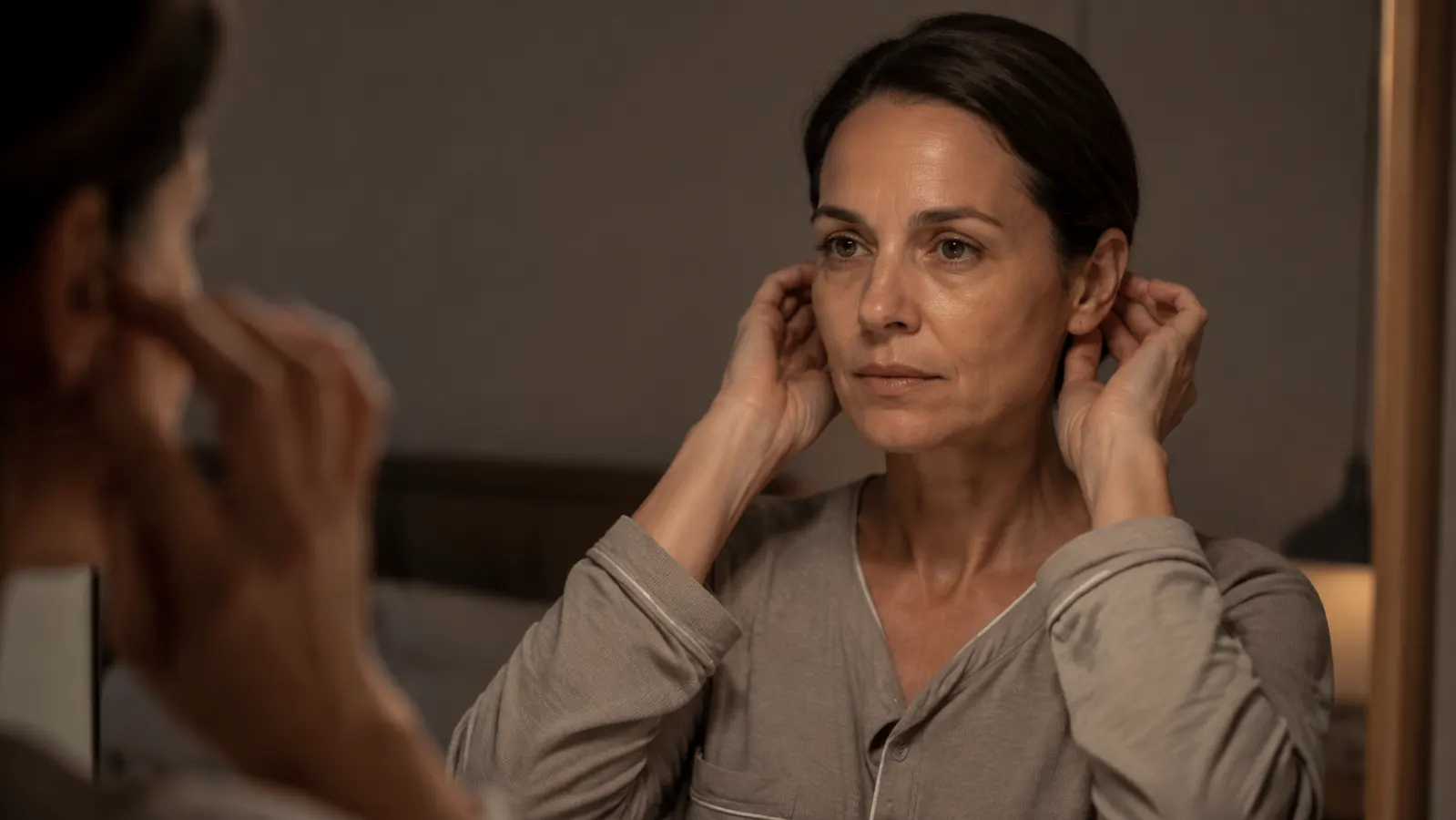 Woman with hair pulled back into a low bun before bed, gently checking that hair is clear of her ears