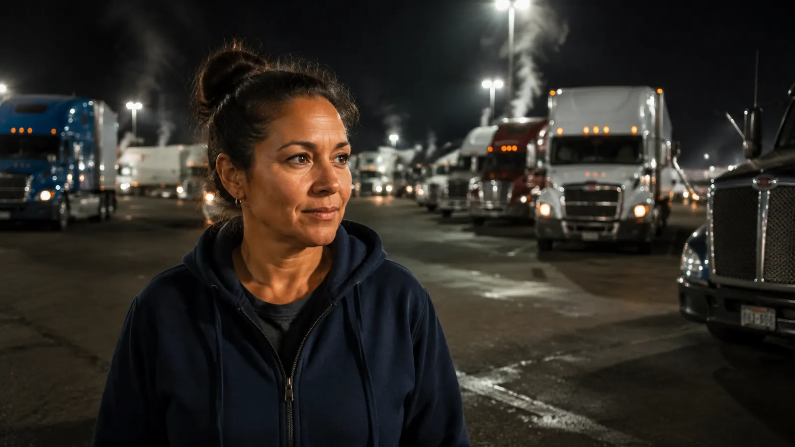 Busy truck stop parking lot at night with multiple semis idling under bright lot lights