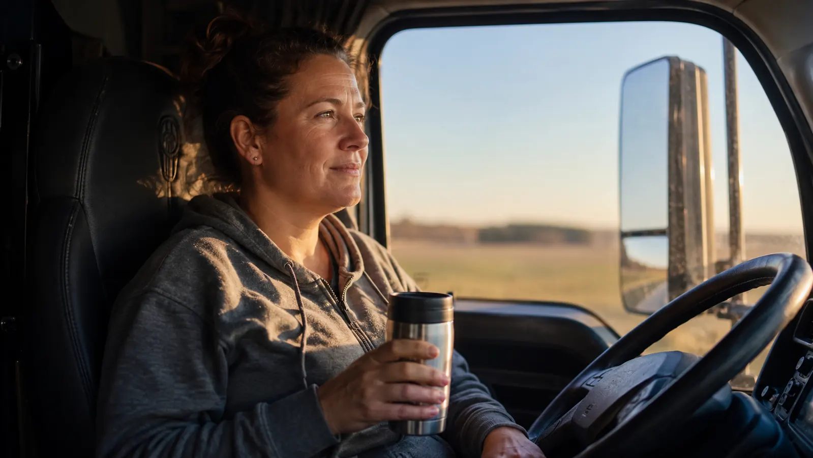 Driver waking up in his cab in daylight looking rested, coffee in hand