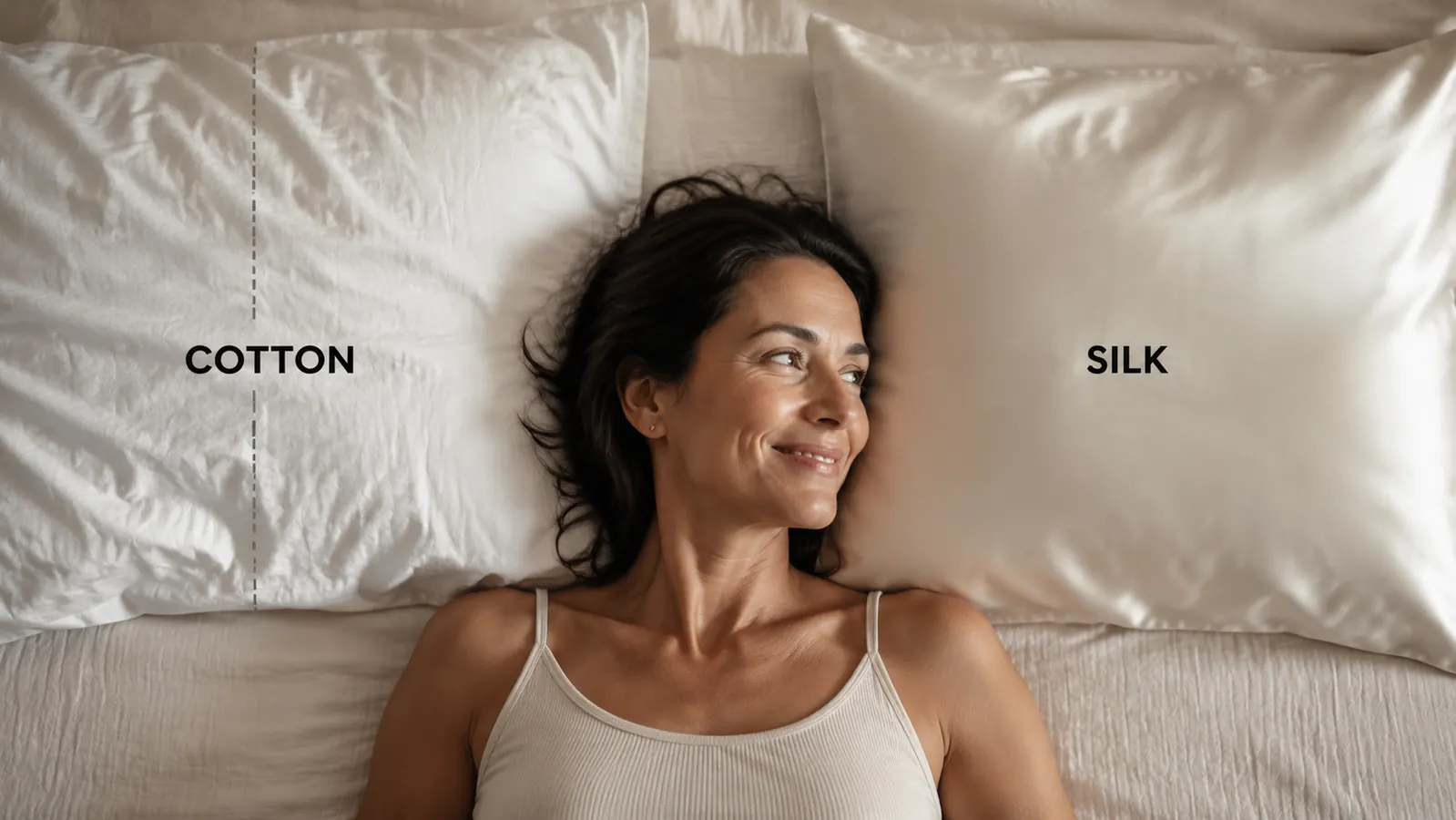 Two pillowcases side by side, one cotton and one silk, showing a visible crease line on the cotton one