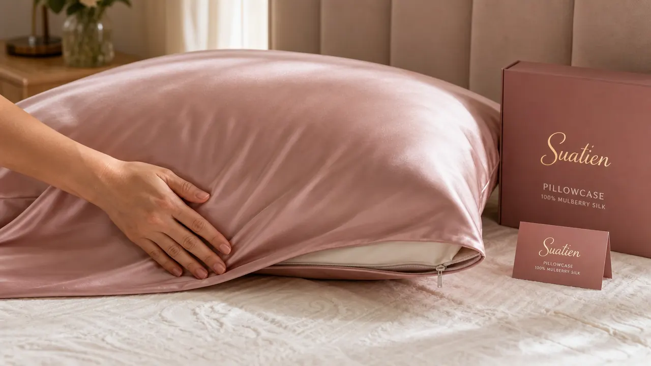 Close-up of a hand smoothing a mulberry silk pillowcase with a visible hidden zipper closure